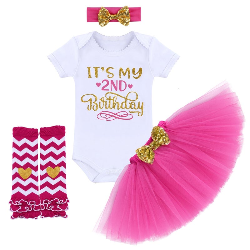OBEEII Itâ€™s my 2nd Birthday Outfit Baby Girl Playsuit Tutu Skirt Glitter Sequin Bowknot Headband Leg Warmers Clothes 4pcs Set Cake Smash Photography Props Hot Pink 2nd Birthday 2 Years Old - Image 1